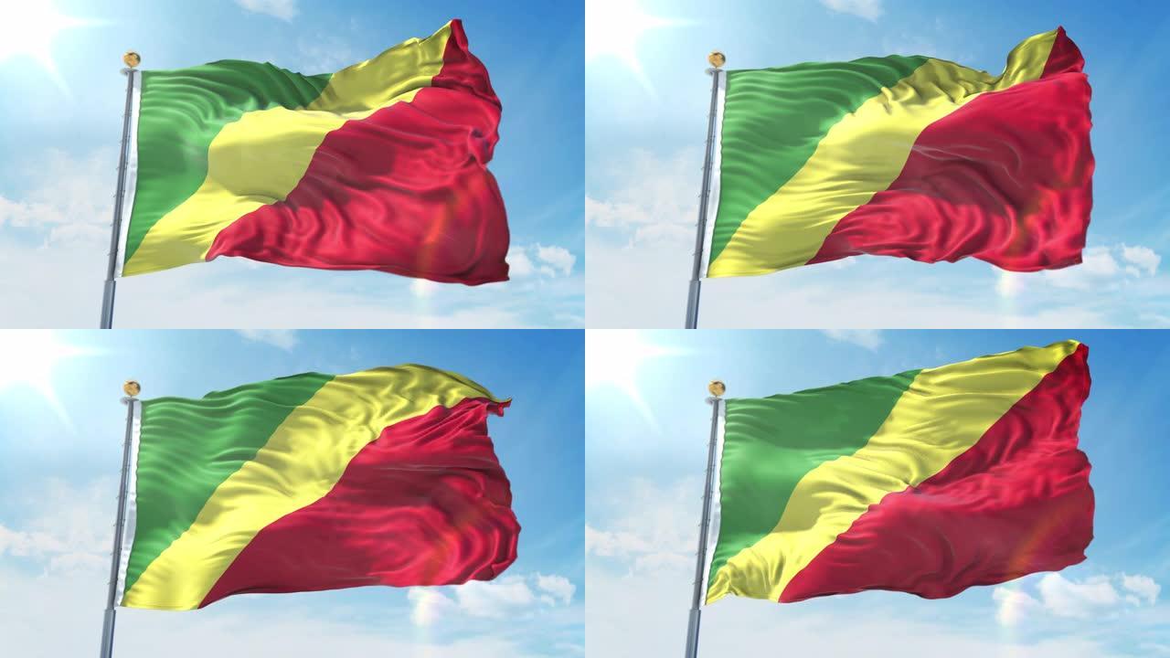 在深蓝色的天空中飘扬的刚果共和国国旗。国家主题，国际理念。3D渲染无缝循环4K