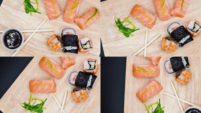 各种日本新鲜寿司的特写。顶视图动态旋转镜头。