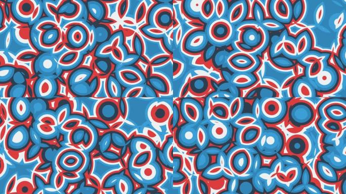 彩色红色、蓝色和白色移动圆形形状的抽象动画。无缝循环动画背景，壁纸。