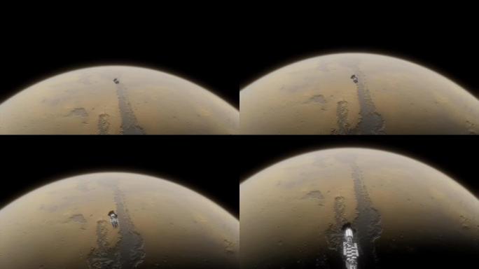 火星在深空。火星轨道上的航天器。宇宙飞船的电影3d动画