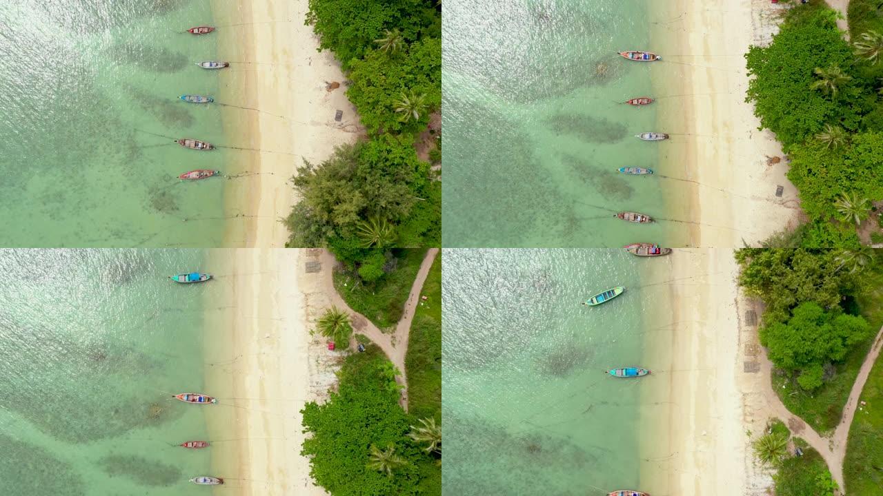 岛屿海岸附近的船只。传统的彩色渔船漂浮在热带异国天堂岛白沙海岸附近平静的蓝色水上。透过绿色的棕榈叶。