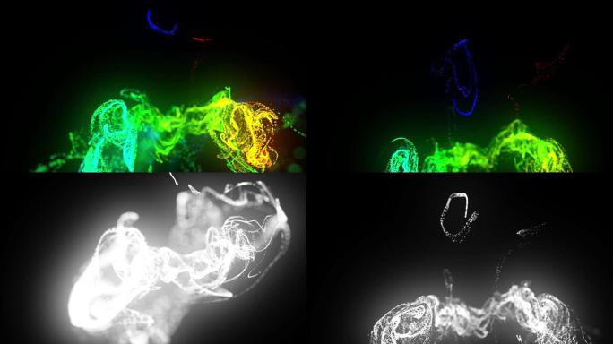 在4k的水中注入荧光多色墨水。墨水流中辉光粒子的3d渲染。亮度哑光作为阿尔法通道。闪亮油墨效果平流的