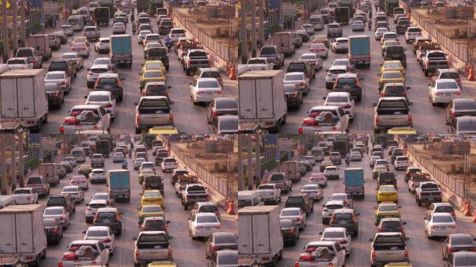 汽车，卡车，摩托车，公共汽车在泰国周五傍晚的交通拥堵道路上。