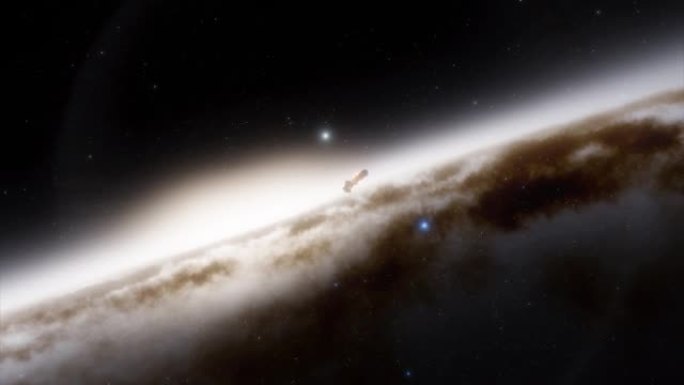 宇宙飞船飞过太空中的一个星系。银河系中的数十亿颗恒星。星舰飞向银河中心