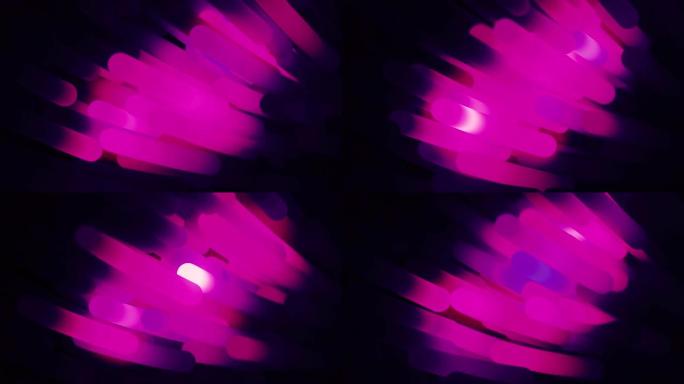 黑色背景上的抽象粉色光纤束在视觉飞行中，无缝环路。动画。光线反射在移动的电线上