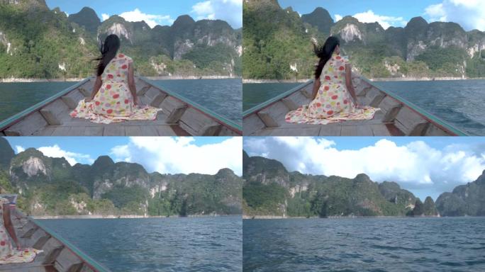 考索克泰国，在泰国度假的女人，泰国考索克国家公园长尾船上的女孩