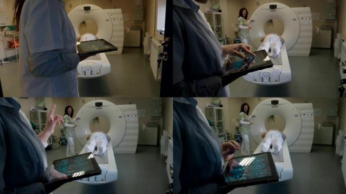 放射科医生为工作准备医疗扫描仪。与患者交谈并帮助他为手术做准备。