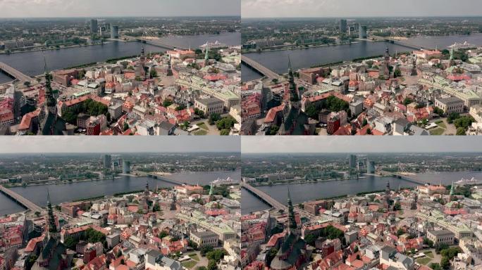 拉脱维亚里加-2019年5月: 在里加和道加瓦河老城中心著名的大教堂和屋顶的鸟瞰图。