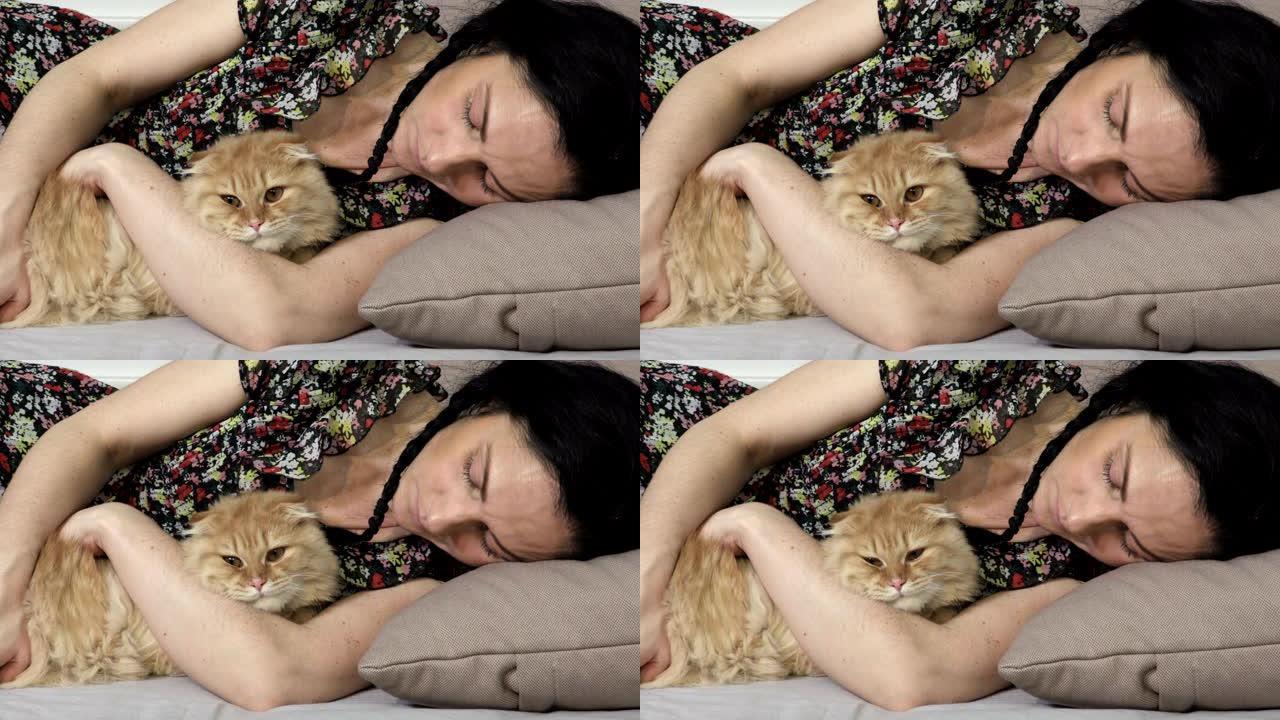 女人睡在她的猫旁边。视频