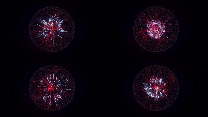 黑色背景上孤立的氖核的抽象彩色爆炸。动画。惊人的3d冲动扩散到被小粒子包围的侧面