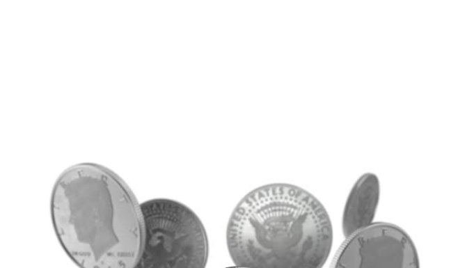 美国半美元硬币在4k分辨率的白色背景上掉落，阿尔法通道