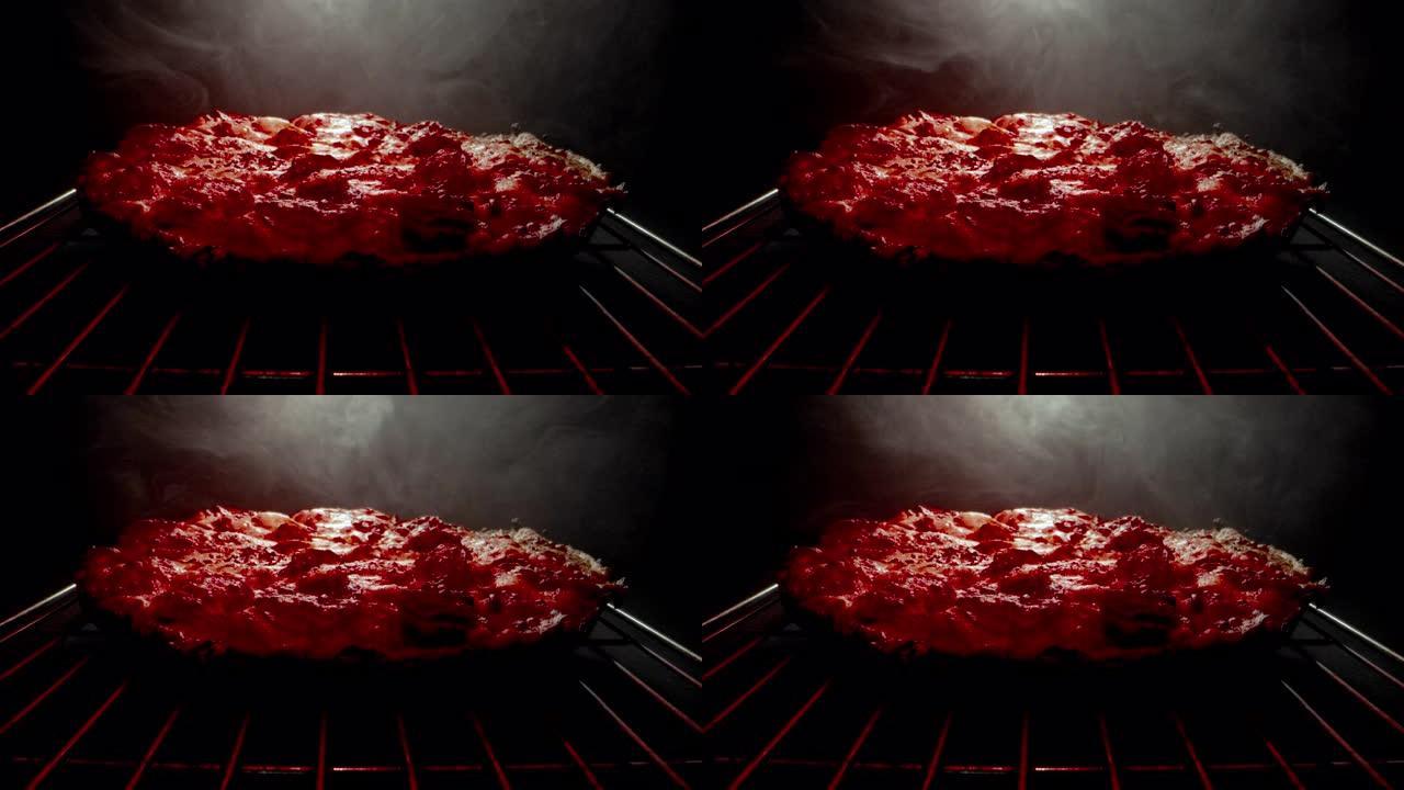 广角静态拍摄在黑暗的美味热气腾腾的深盘辣香肠披萨新鲜出炉在一个冷却架下加热灯