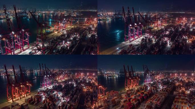 4k延时或超延时: 夜间码头商业港口或集装箱仓库，用于商务物流，进出口，运输或运输