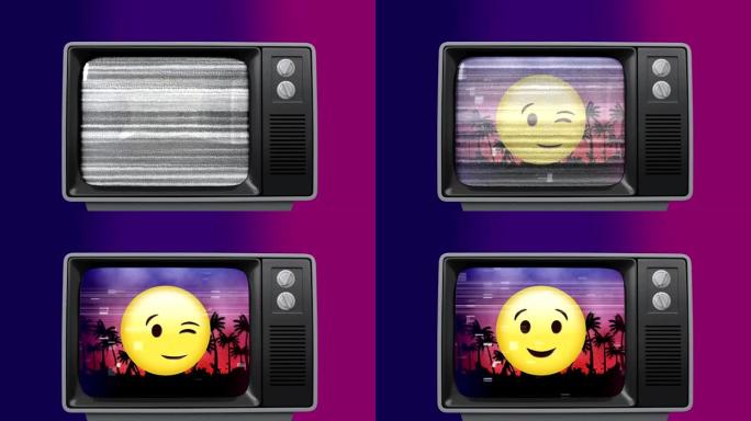 旧电视帖子显示黄色的rascal表情符号被电视嘶嘶作响包围