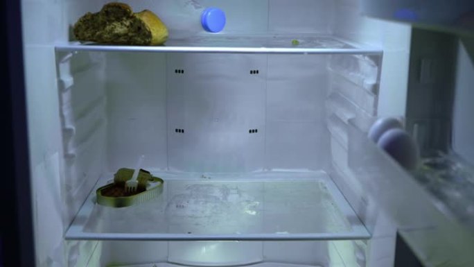 在冰箱里找食物的人。该男子打开冰箱，将面包，未完成的牛奶和比萨饼放入其中。