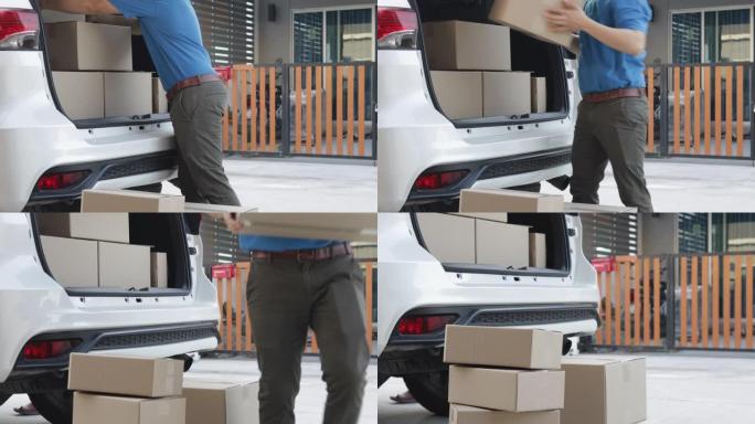 送货员用纸板箱卸下包裹的货车，然后交付给客户。门到门交付概念。