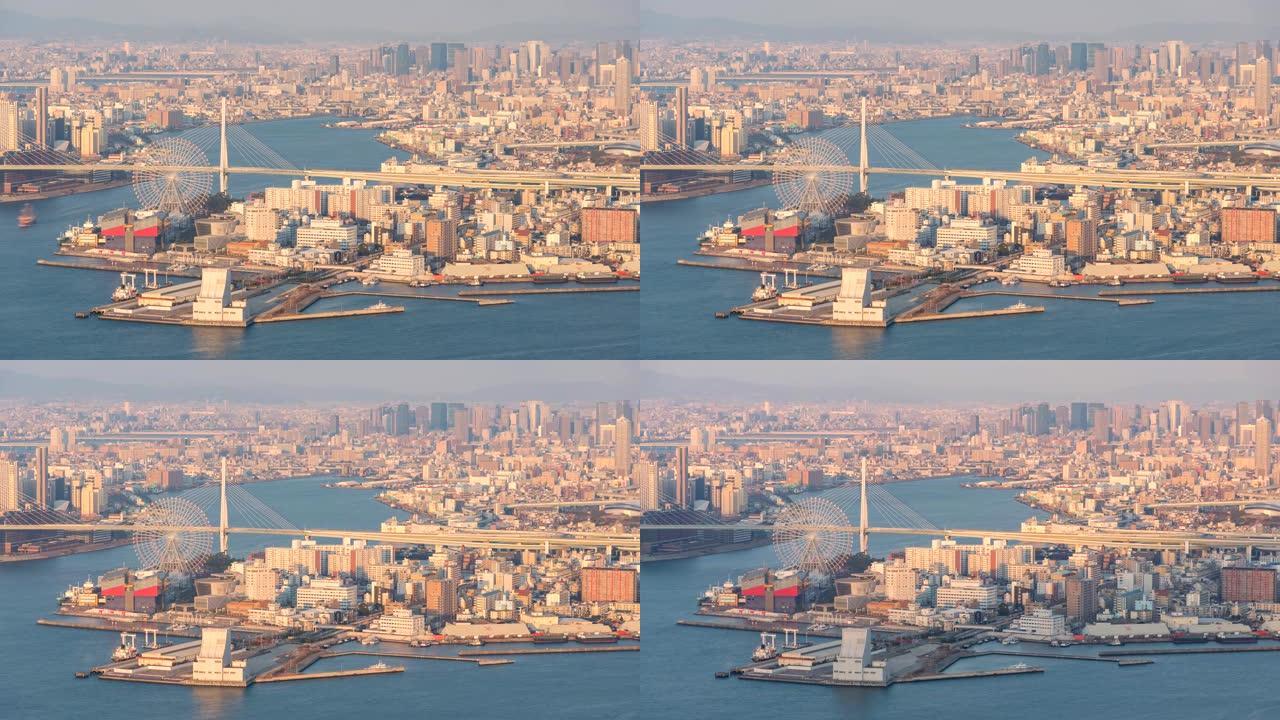 大阪的时间流逝; 夜城天际线摩天轮地标，生活之城概念的大阪鸟瞰图