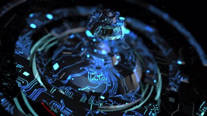 3D渲染印刷电路板，带照明线，用于网络未来概念，浅景深