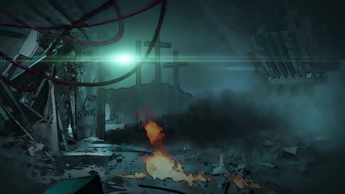 放射性区域卡通风格的动画-世界末日后场景。