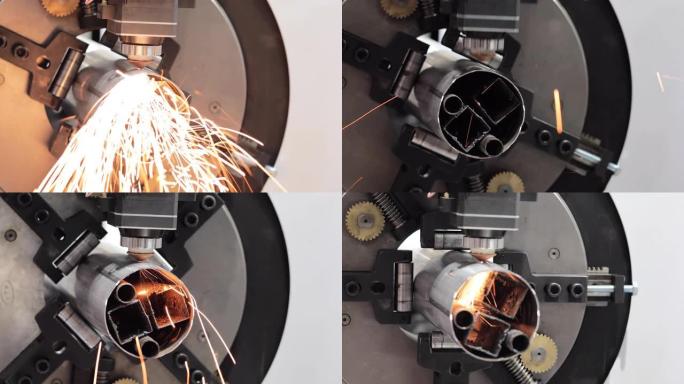 用于金属加工的自动化程序化机器。工业激光机切割钢板零件。热。工厂生产机器运行过程中的火花。