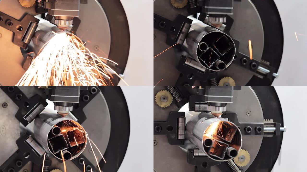 用于金属加工的自动化程序化机器。工业激光机切割钢板零件。热。工厂生产机器运行过程中的火花。