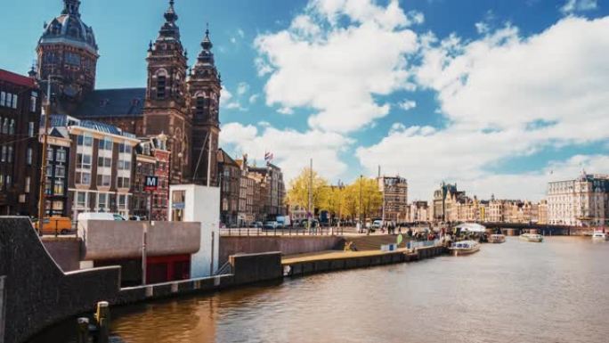 狭窄运河的阿姆斯特丹市美丽的延时景观