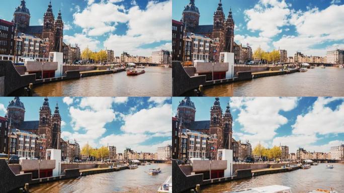 狭窄运河的阿姆斯特丹市美丽的延时景观