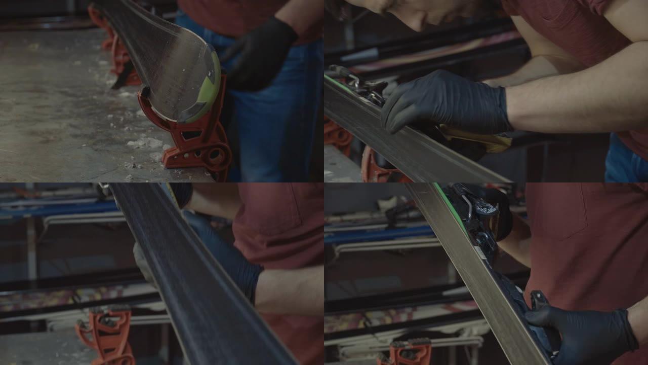 滑雪服务车间的男工人正在打磨和修理滑雪板。用配有钻石宝石的手动侧边调整工具磨雪边。滑雪路缘主题修复