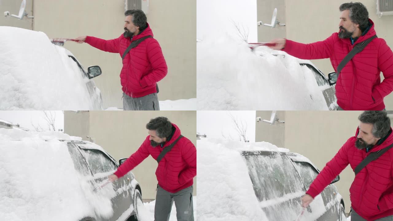 在雪地里开车。成熟的人在第一场雪后清洗汽车。活跃的老年人。