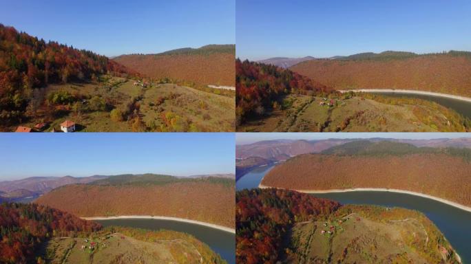 在阳光明媚的秋天，在散布着房屋和橙色落叶松森林的小山村上空前进。山间蜿蜒的山路鸟瞰图。