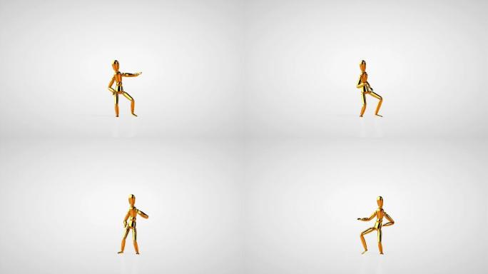 有趣的金色人体模型做扭转舞，无缝循环，白色工作室