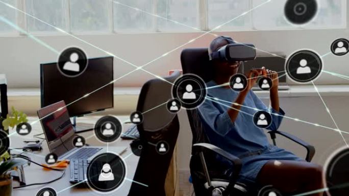 使用VR头盔在女性上移动和数字数据的连接器