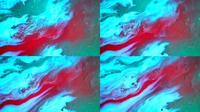 纹理背景上的抽象红色和蓝色河流流动。水彩混合在一起