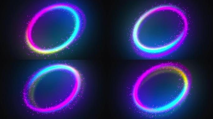 彩虹线和彩色发光颗粒的环形。3d渲染计算机生成魔术背景