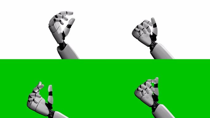 机器人手在3D渲染生成的白色背景和绿色屏幕上。