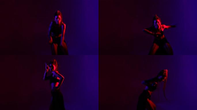 黑色打扮和辫子的女人在蓝色和红色背景上跳舞。