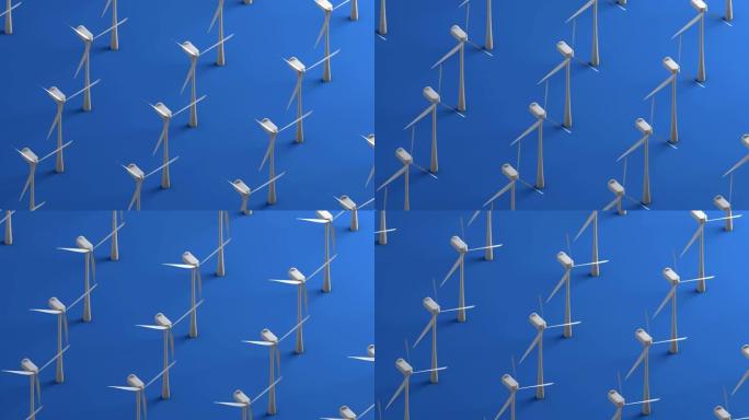 风力涡轮机的旋转。在蓝色背景上无缝循环美丽的3d动画。