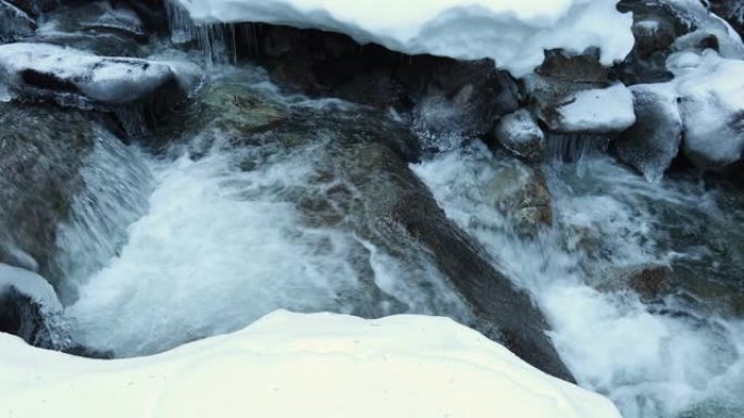 结冰的河水在冰下流动。