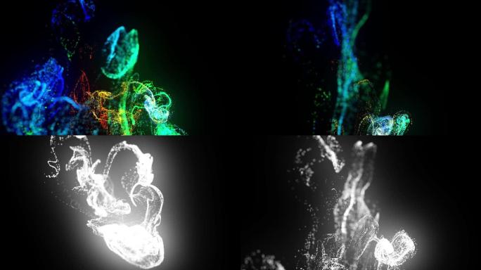 在4k的水中注入荧光多色墨水。墨水流中辉光粒子的3d渲染。亮度哑光作为阿尔法通道。闪亮油墨效果平流的