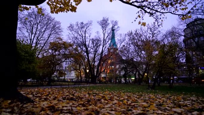 波兰克拉科夫公园里的秋季彩树小巷