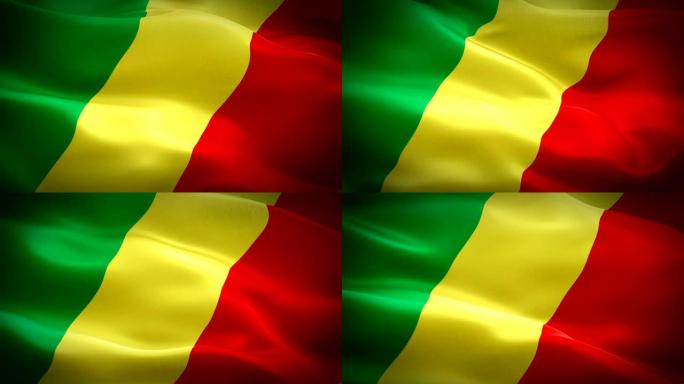 刚果共和国国旗运动循环视频在风中挥舞。逼真的 ‎刚果共和国国旗背景。刚果-布拉柴维尔刚果共和国国旗循
