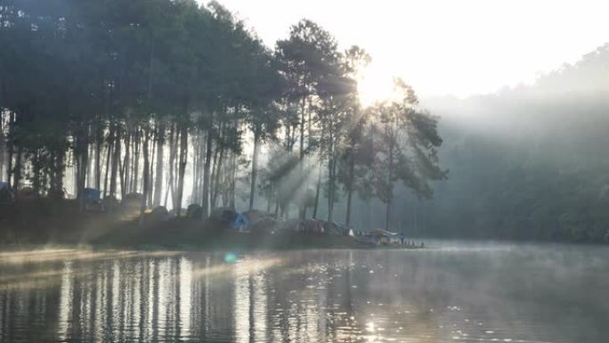 早晨的气氛竹筏游客在泰国亚洲北部的Maehongson省的Pang Ung湖林业种植园上。旅游景点与