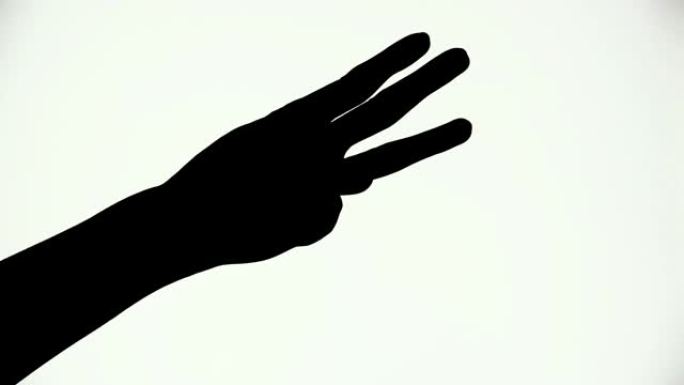 一组手势。肢体语言。黑白镜头、特写镜头和孤立镜头。用三个手指计数的手的轮廓。阿尔法哑光。手形符号。对