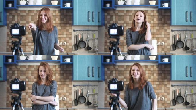 女孩博主在厨房写视频博客。女人拿着视频博客对着镜头说话。
