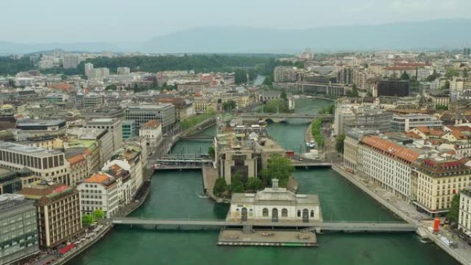 雨天日内瓦市河畔航空全景4k瑞士