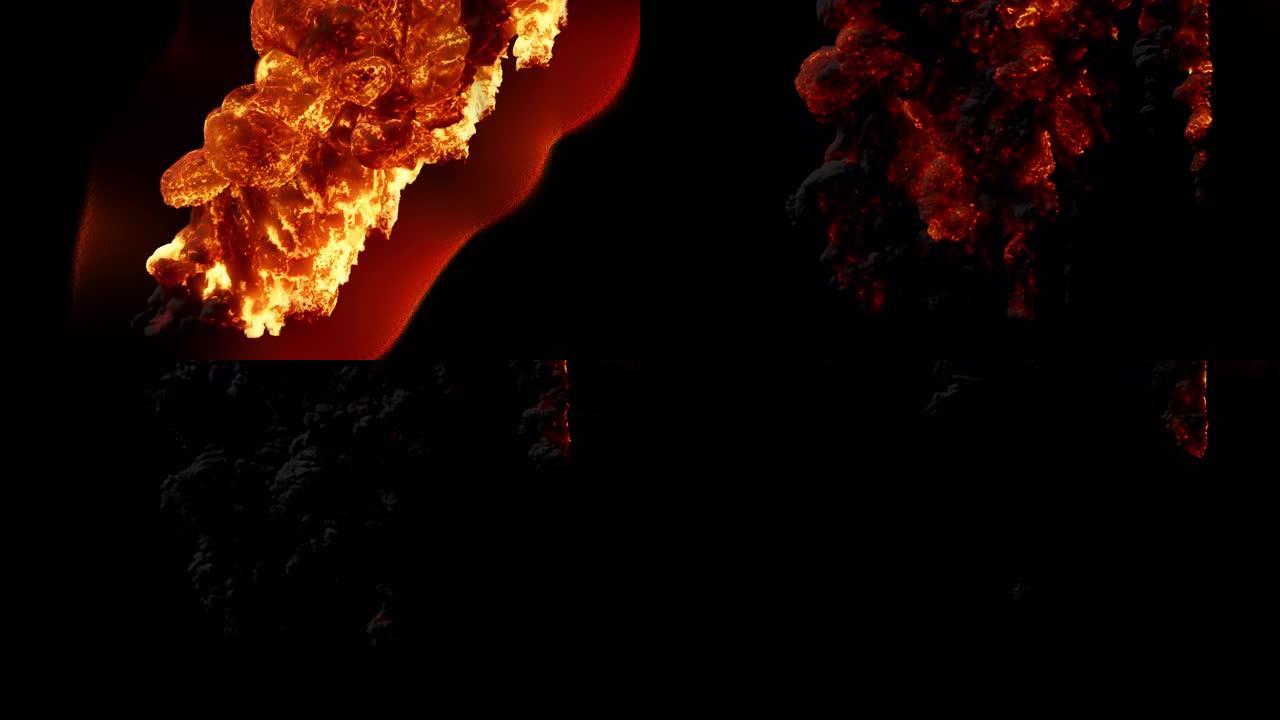 陨石掉到地上燃烧，散发出黑色浓烟，并带有一些漩涡。带有alpha通道的动画。