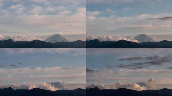山顶上乌云密布。傍晚的富士