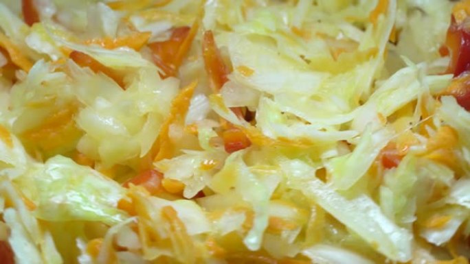 白白菜沙拉，新鲜胡萝卜和红辣椒，放在盘子里。