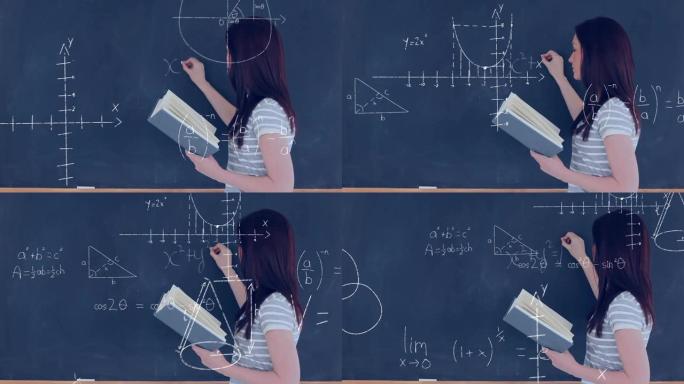 女学生在黑板上写数学方程式