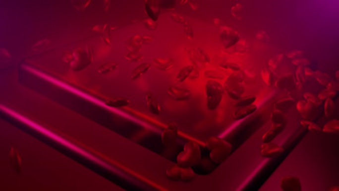 红色多边形的心落在迷人的讲台上。情人节活动背景。3D渲染可循环动画4k